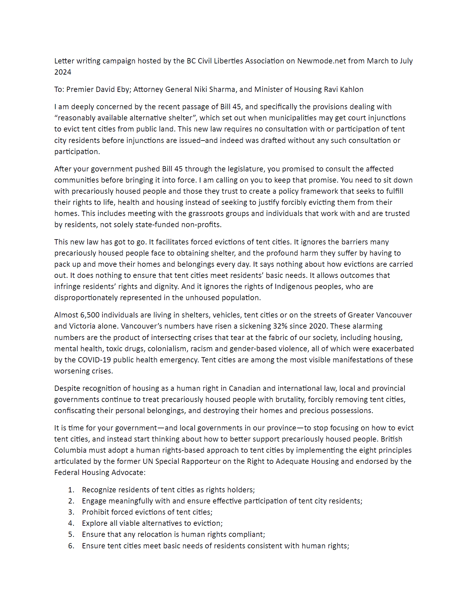 First page of open letter urging BC government to repeal Bill 45 "alternative shelter" provisions