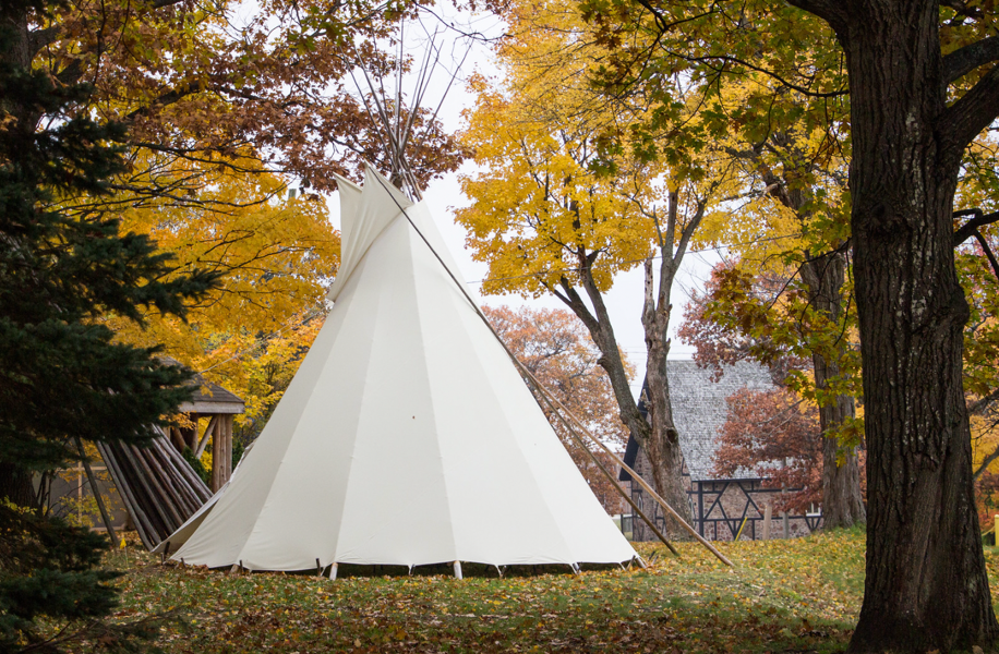 A white tent in a park
Description automatically generated