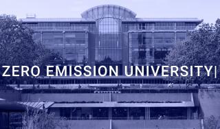 Image of building, with text overlay reading "Zero Emission University"