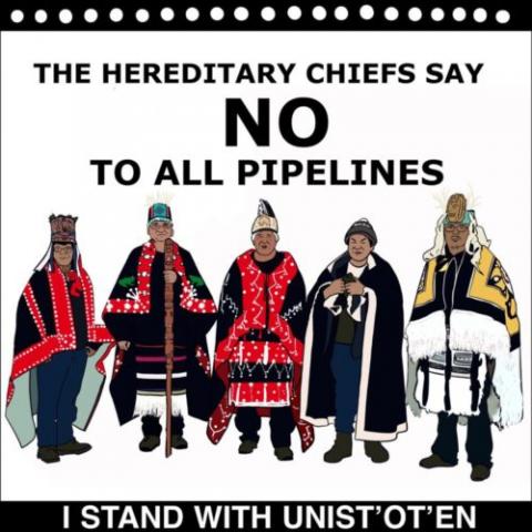 Image of Wet'suwet'en Hereditary Chiefs with text "The Hereditary Chiefs say NO to all pipelines"