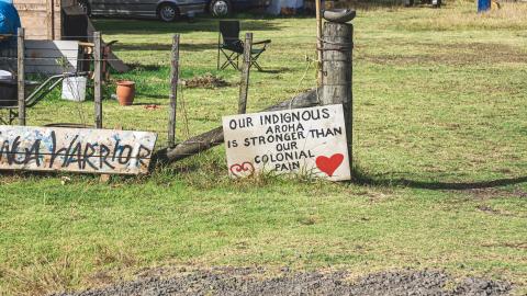 A sign reading “Our Indigenous aroha (love) is stronger than our colonial pain”, seen at Ihumatao campaign, Aotearoa. Photo: Photo: Keith Koepke, Kanative Photography.