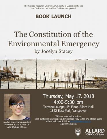 Poster for book launch of Jocelyn Stacey's "The Constitution of the Environmental Emergency"