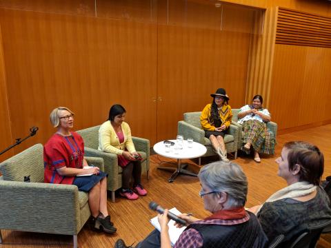 Professor Juanita Sundberg, UBC Geography, introduces Ysidora Chaupe Acuña, Kanahus Manuel and Angelica Choc at the 2018 Students for Mining Justice conference