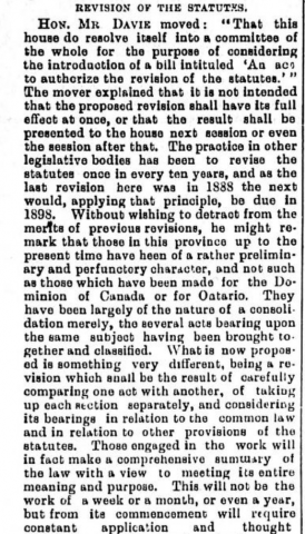  Premier Theodore Davie’s remarks when introducing the bill to revise the statutes of BC, as reported in the Colonist, 22 November 1894