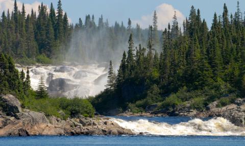 Cascades and rapids on the Magpie River, Quebec, surrounded by coniferous forest