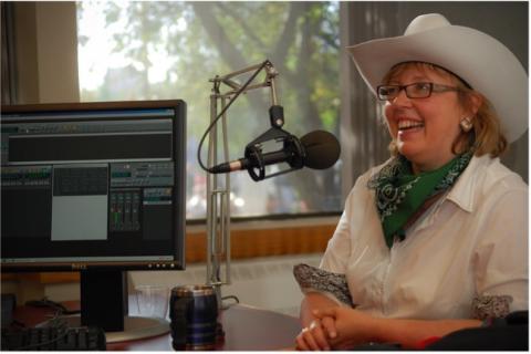 Photo of Elizabeth May on CBC Radio