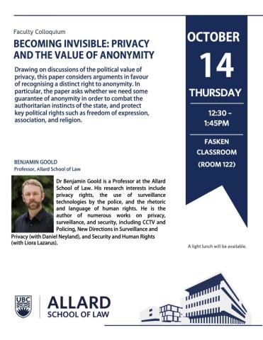 Faculty Colloquium October 14, Benjamin Goold
