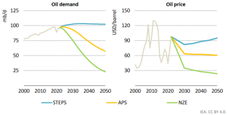 graph showing oil demand and oil price into the future based on different models