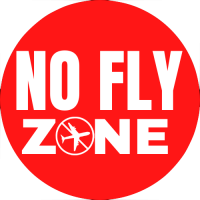 Logo - red circle with white text reading "NO FLY ZONE" with the "O" in Zone depicting an airplane, crossed out