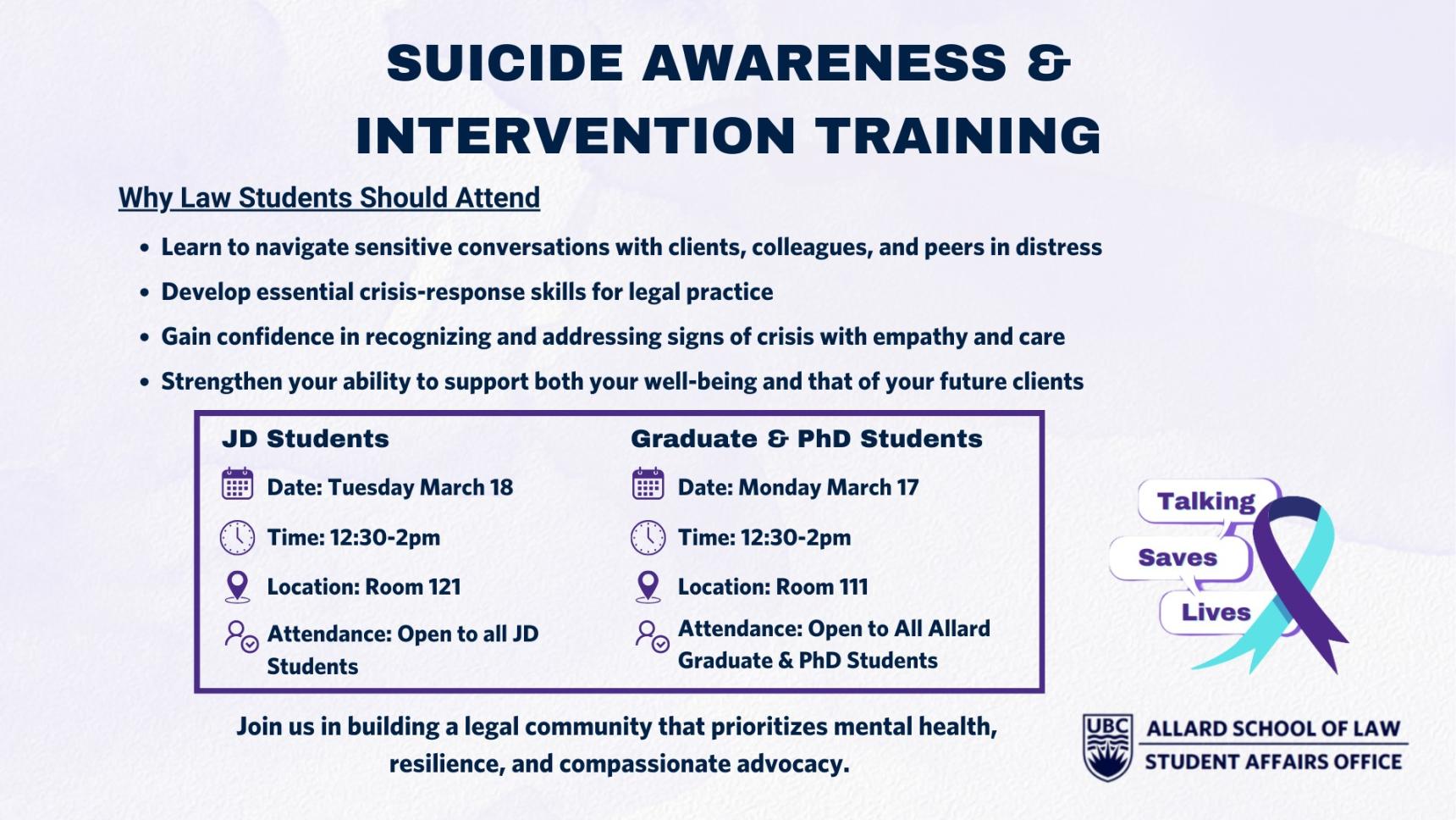 Suicide Awareness & Intervention Training | Peter A. Allard School of Law