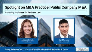 Event graphic on a blue background with glass skyscrapers, titled "Spotlight on M&A Practice: Public Company M&A". Headshots of two speakers, Adrienne DiPaolo and David Forrester, and sit in the center.